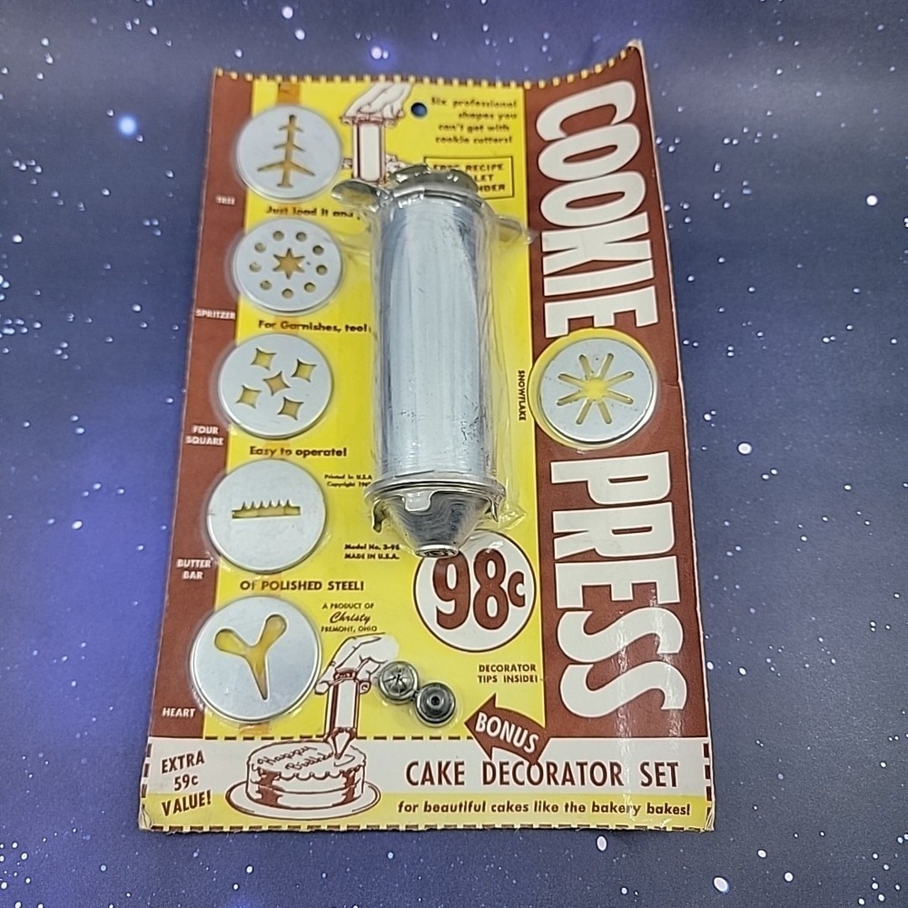 Christy Cookie Press Cake Decorator 6 Shapes, 2 Tips Vintage All Steel Made USA